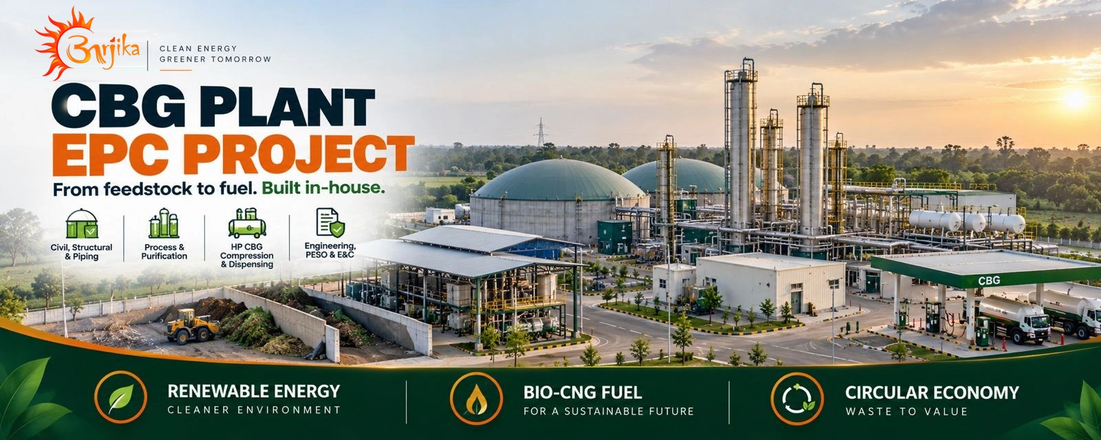 CBG Plant EPC Project — from feedstock to fuel, built in-house: civil, structural and piping; process and purification; HP CBG compression and dispensing; engineering, PESO and E&C